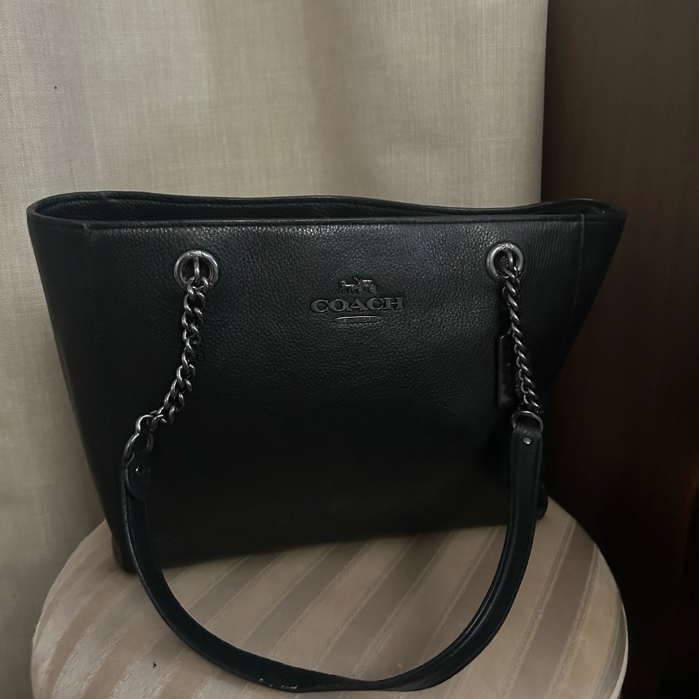 Coach Black Leather Tote with Chain Straps